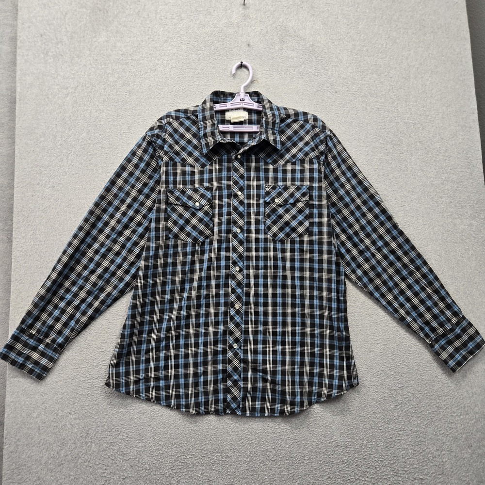 Wrangler Men Button Up Shirt XL Blue Plaid Wrancher Western Pearl Snap Pockets